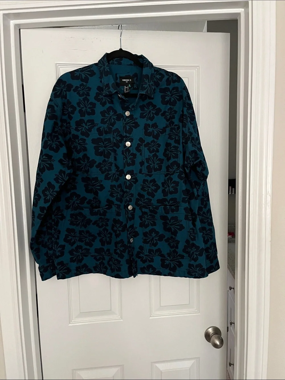 Forever 21 Teal Button-Up Floral Utility Jacket